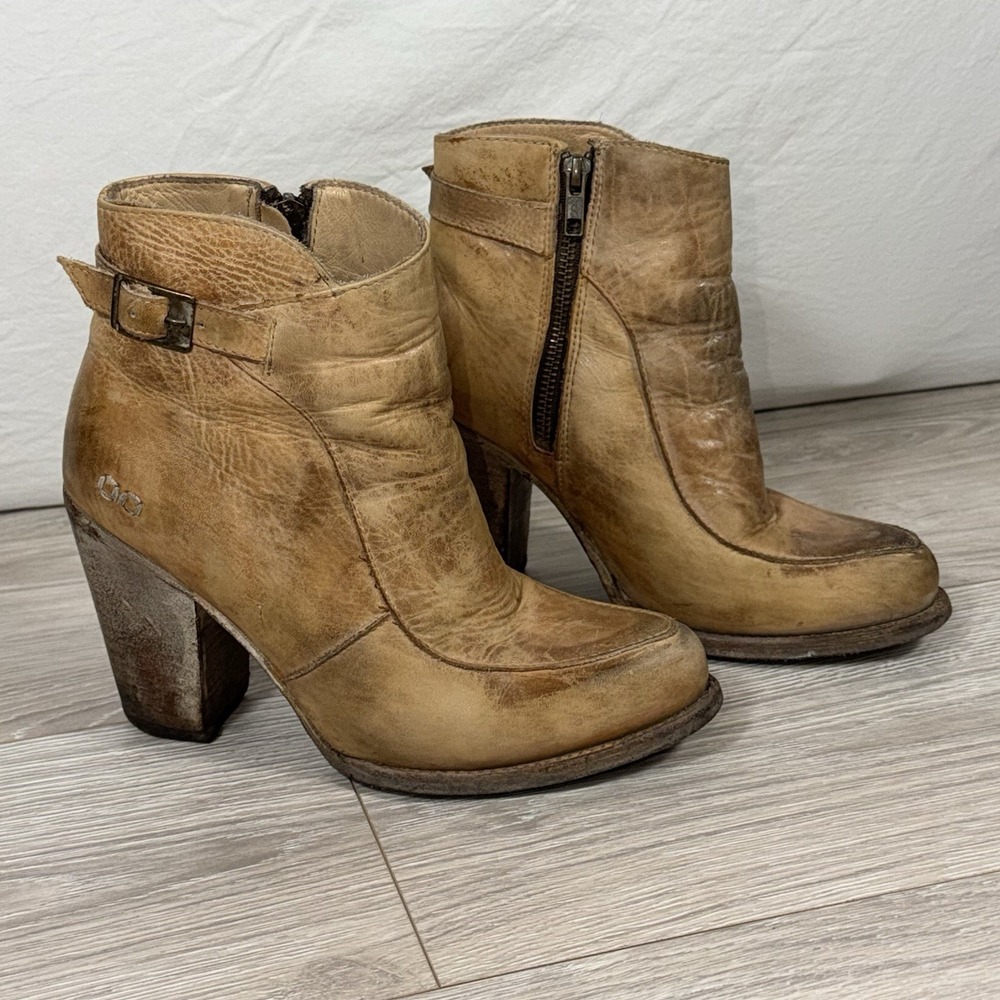 Bed Stu Distressed Tan Isla Leather Ankle Boots Block Heel Side Zip 8078 Size 8